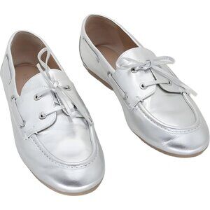 Stuart Weitzman Tinsley metallic leather boat loafers silver women 8